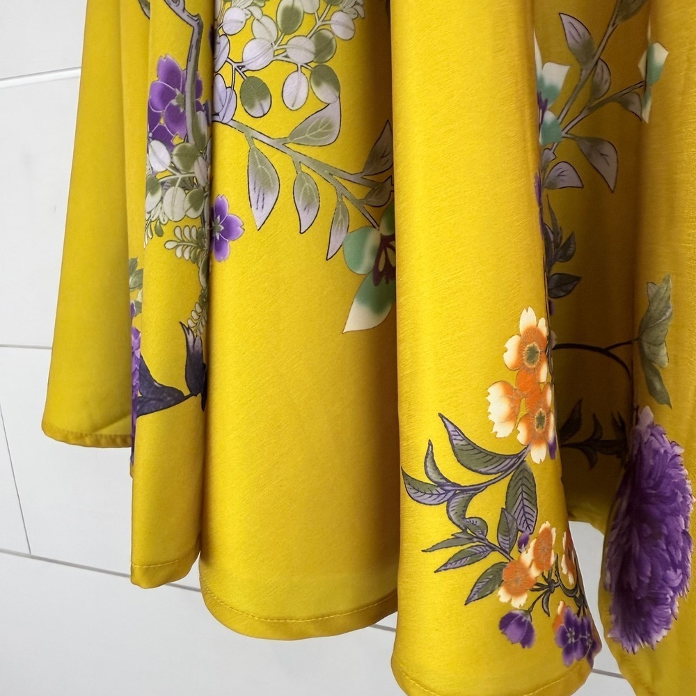 ModCloth Yellow Floral A Line Midi Skirt WOMEN SATIN CIRCLE RETRO M - Picture 7 of 9